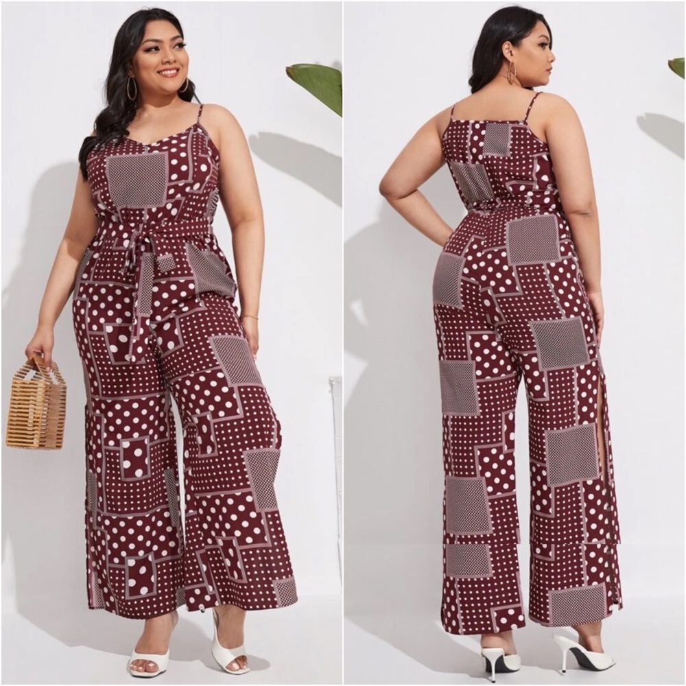 Plus Polka Dot Patchwork Belted Split Cami Jumpsuit